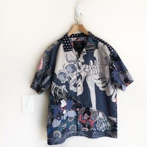 Rebel Vengeance Japanese Ukiyo-e Skeleton Samurai Tapestry Collared Button Down